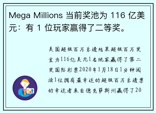 Mega Millions 当前奖池为 116 亿美元：有 1 位玩家赢得了二等奖。
